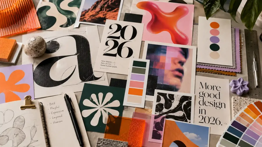 Grafiska designtrender 2026 med moderna färger och uttrycksfull typografi