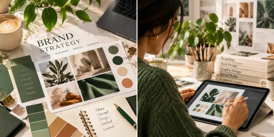 Samma visuella identitet använd i webbdesign, sociala medier och trycksaker