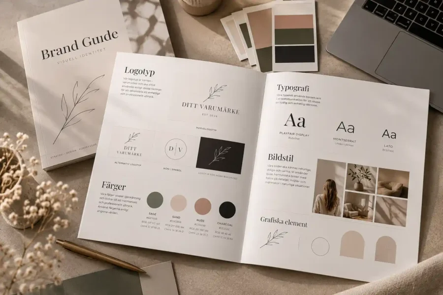 Brand guide med logotyp, färgpalett och typografi för företag