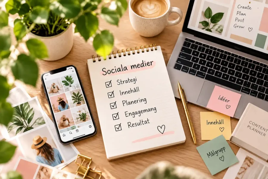 Sociala medier för småföretag med laptop och innehåll för Instagram och Facebook