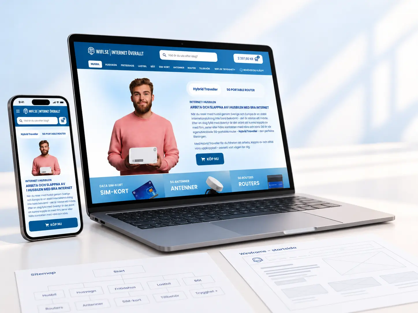 Webbdesignprocess med laptop, mobil, wireframes och sitemap