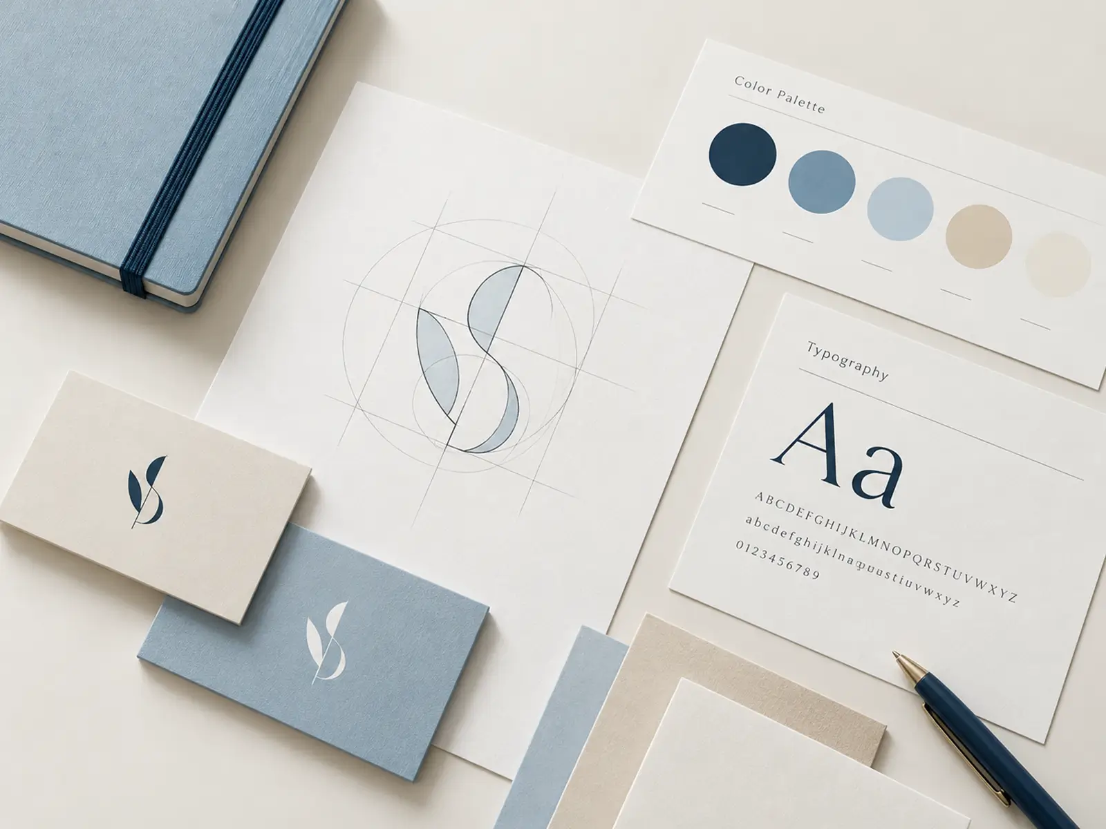 Brandingprocess med logoskiss, färgpalett och typografi i blå och beige toner