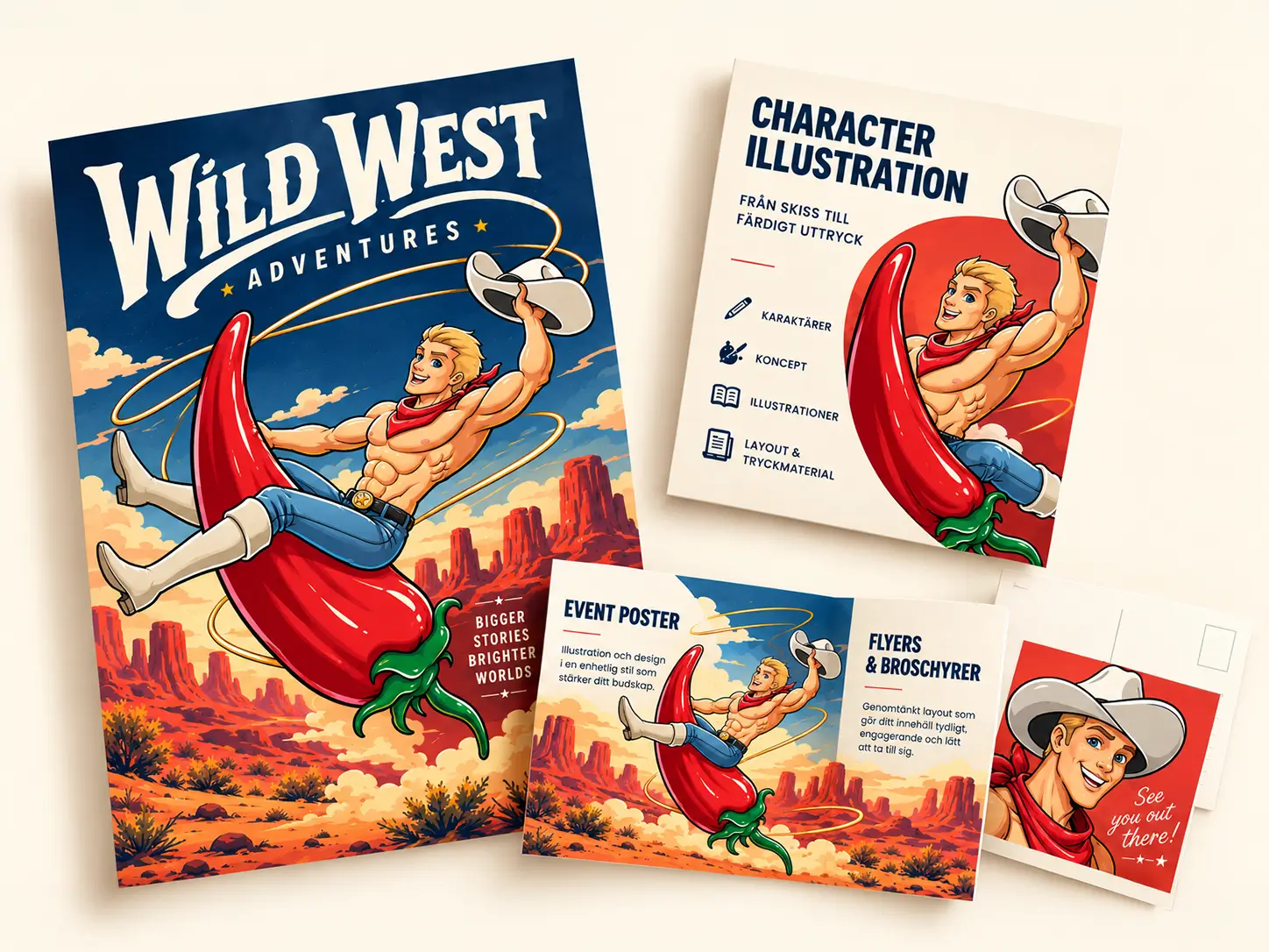 Westernillustration med cowboy på chilipeppar använd i poster, broschyr och kort