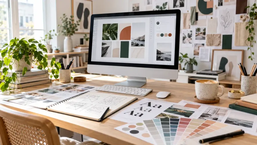 Grafisk designer arbetar med färgpalett, typografi och logotypdesign