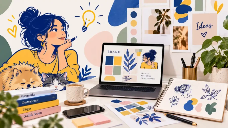 Sammanhållen illustrationsstil med varumärkesfärger, former och grafiska detaljer