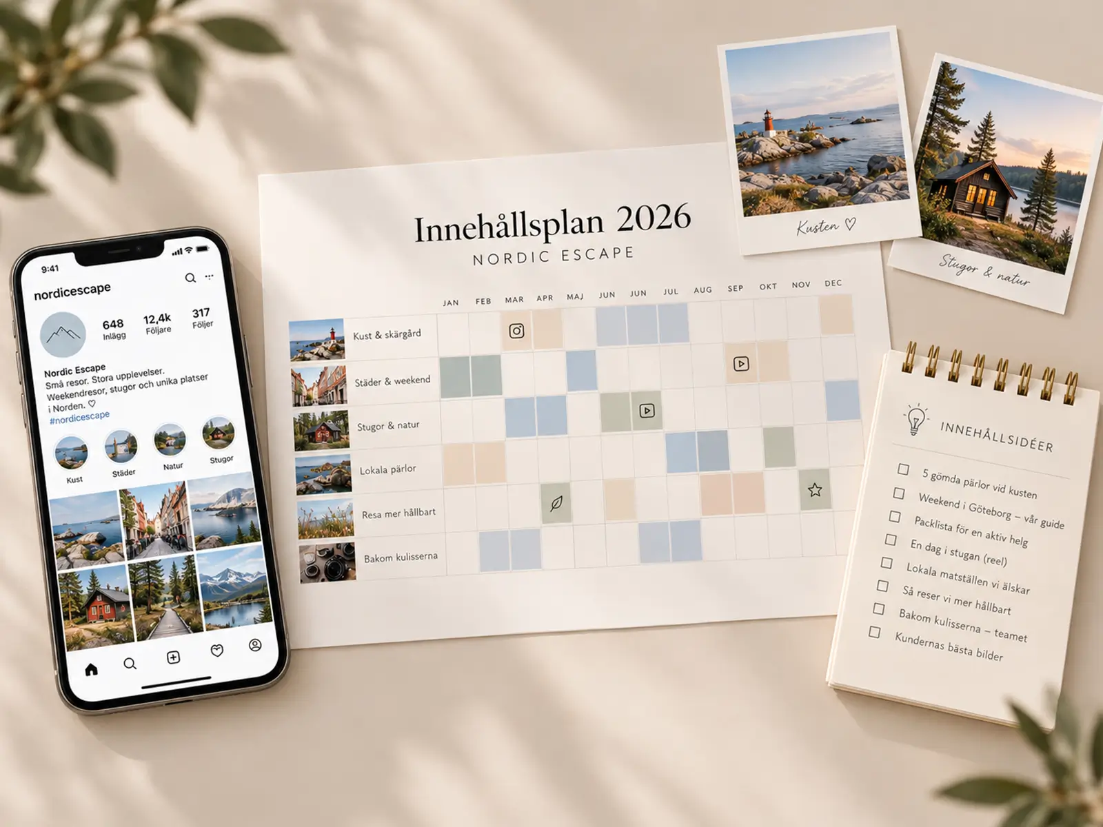 Exempel på innehållsplanering för sociala medier med content plan och Instagram-flöde
