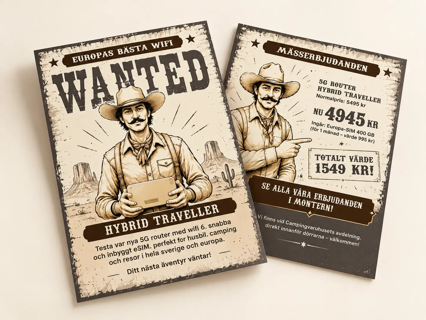 trycksaker.webp Layout och formgivning av två westerninspirerade reklamblad