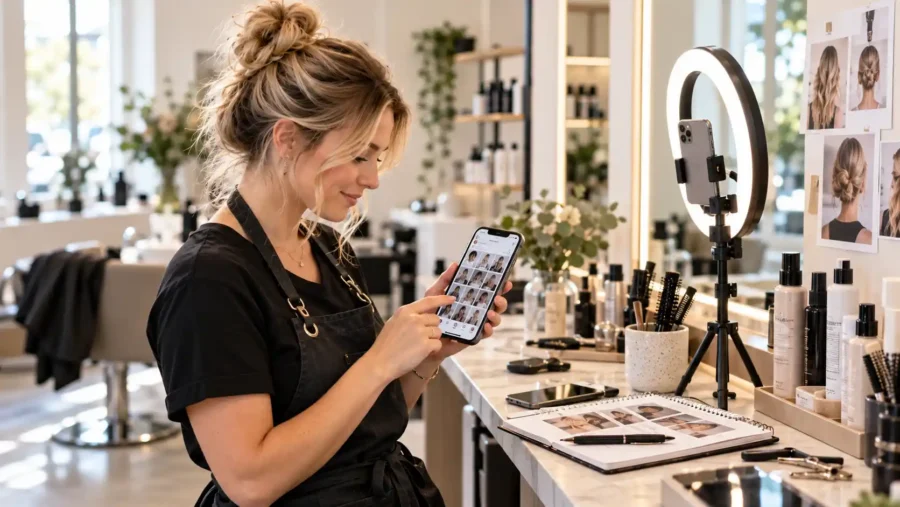 Företagare planerar innehåll för sociala medier i mobilen