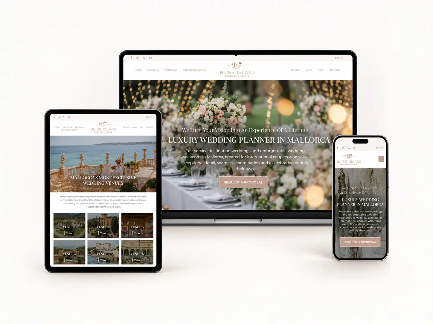 Responsiv webbdesign för Bliss Island Weddings på laptop, surfplatta och mobil
