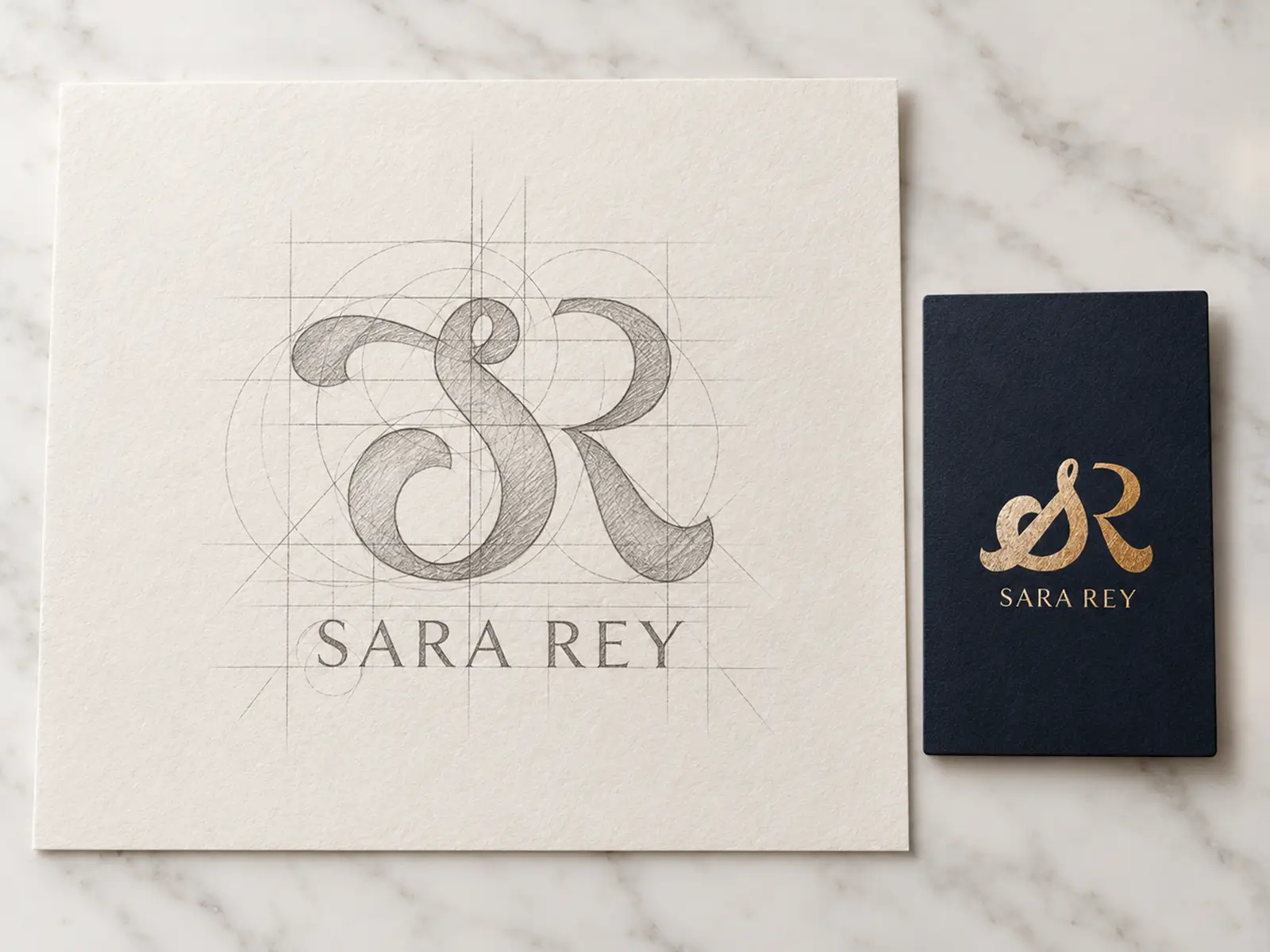 Logotypskiss för Sara Rey med monogram och konstruktionslinjer