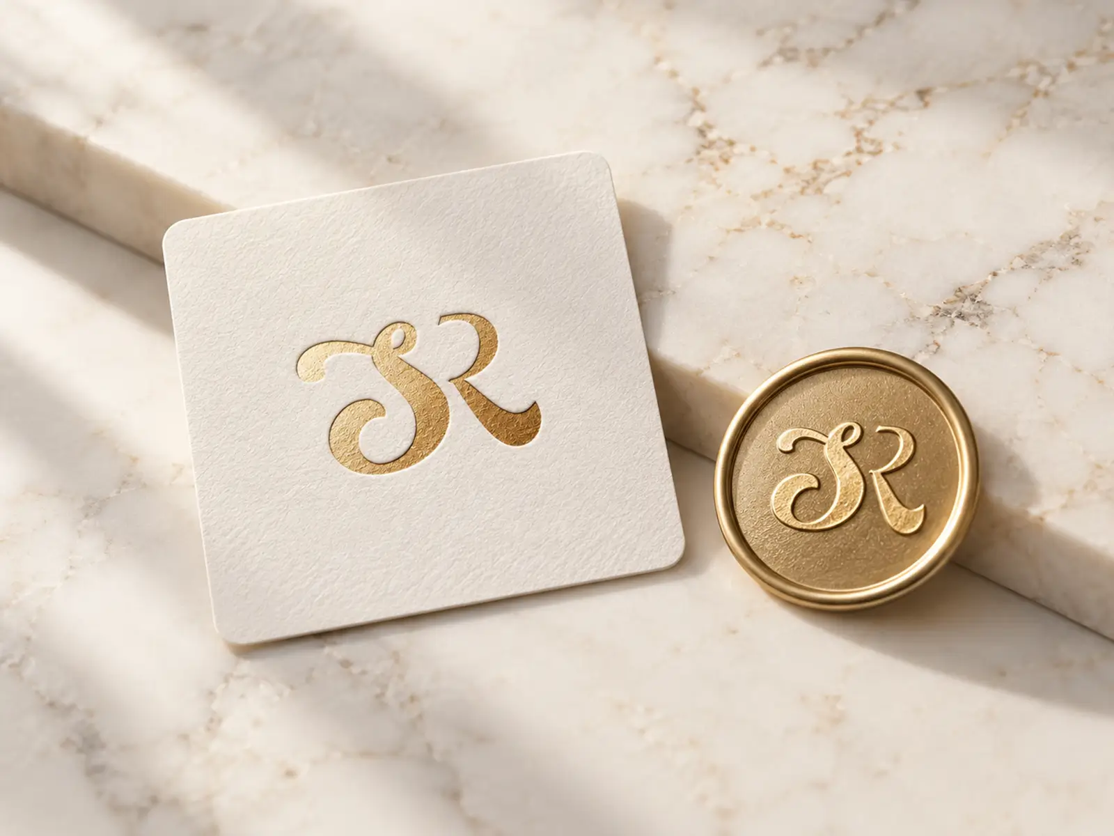 Monogram för Sara Rey i guld på kort och sigill