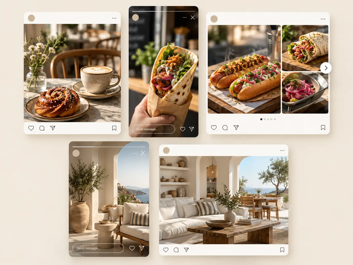 Exempel på social media content med flera inlägg och visuellt material för kampanjer och digital marknadsföring.
