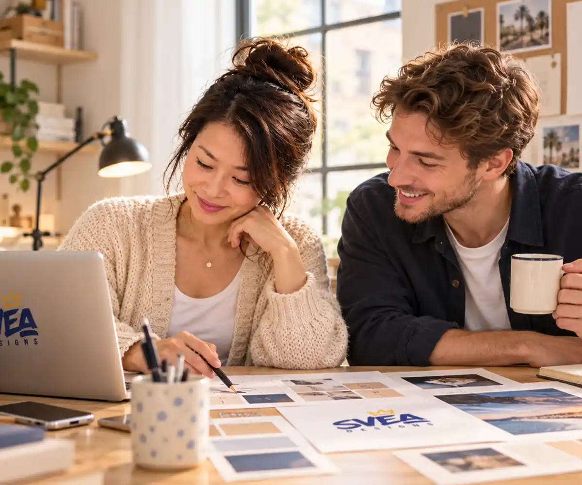Om oss på Svea Designs – Anna Maria i kreativ studio tillsammans med kund