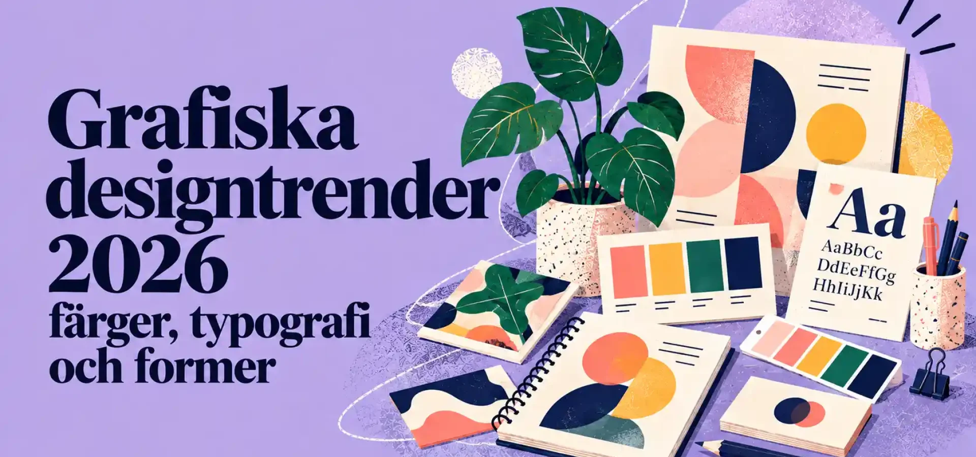 Grafiska designtrender 2026 med färger, typografi och organiska former